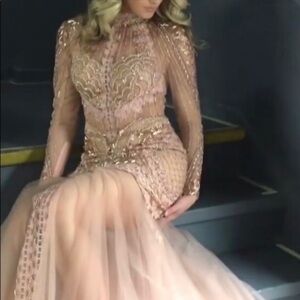 Terani Couture Pink and Gold Long Sleeve Gown
